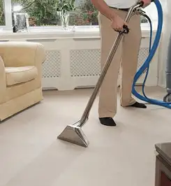 Professional carpet cleaner using a hot-water extraction wand and hose machine in a living room in Dover, DE.